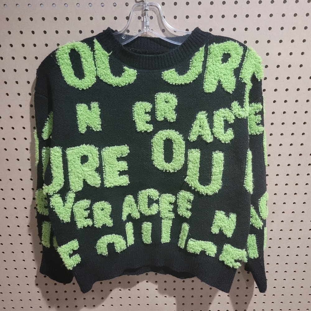 Red Leaf Womens Medium Black and Neon Green Lettered Wool Sweater